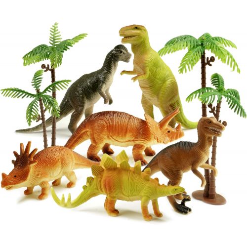  Haktoys Pack of 8 Dinosaur Toy Set | 6 Educational, Realistic 7 Dinosaurs Figures; T-Rex Triceratops Velociraptor Stegosaurus Plus 2 Trees for Toddlers & Kids