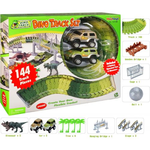  Haktoys Dinosaur Race Track Safari Playset with 2 Cars | Childrens DIY Flexible & Interchangeable Tracks | Easy to Assemble Toy Set | Complete Educational Set with Dinosaurs and Ac