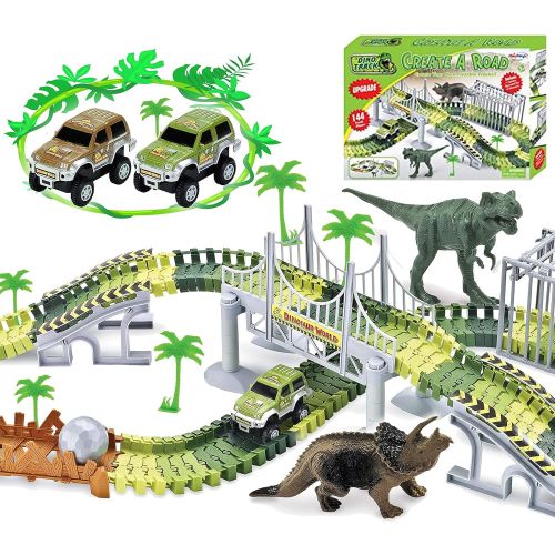  Haktoys Dinosaur Race Track Safari Playset with 2 Cars | Childrens DIY Flexible & Interchangeable Tracks | Easy to Assemble Toy Set | Complete Educational Set with Dinosaurs and Ac