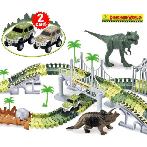  Haktoys Dinosaur Race Track Safari Playset with 2 Cars | Childrens DIY Flexible & Interchangeable Tracks | Easy to Assemble Toy Set | Complete Educational Set with Dinosaurs and Ac