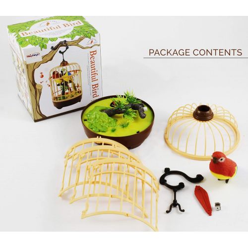  [아마존베스트]Haktoys Singing & Chirping Bird in a Cage, Moving Beak and Tail | Sound Activated and Battery Operated Realistic Parakeet on a Tree Branch - Colors May Vary | Great Desk and Room A