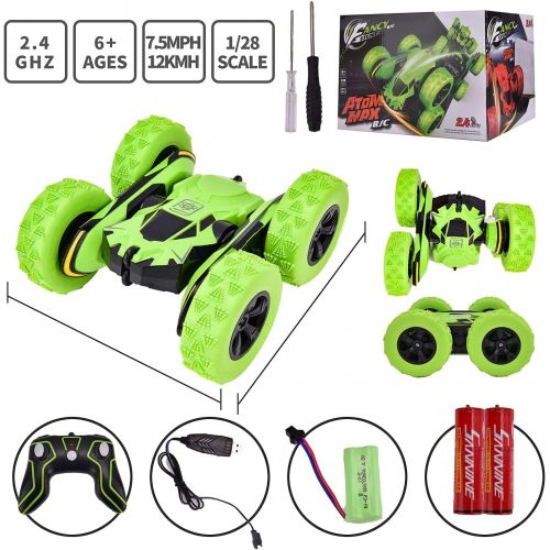  Haktoys Remote Control Stunt Car, Green Radio Control 2.4GHz Truck, Rechargeable with Flashing LED Lights & Quiet Play Mode Tumbling Spinning Action RC Car for Kids