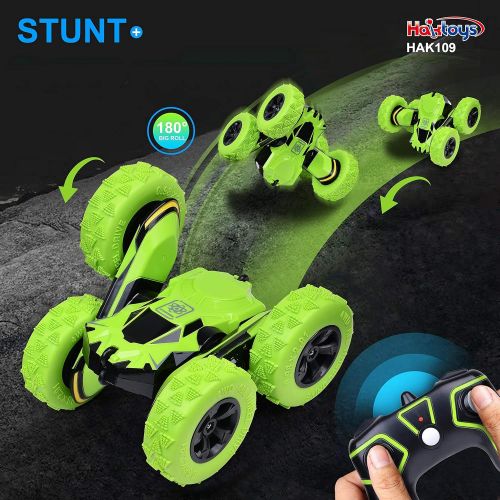  Haktoys Remote Control Stunt Car, Green Radio Control 2.4GHz Truck, Rechargeable with Flashing LED Lights & Quiet Play Mode Tumbling Spinning Action RC Car for Kids