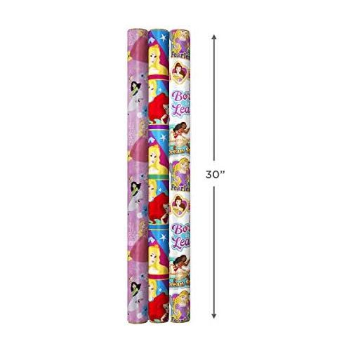  Hallmark Disney Princess Wrapping Paper with Cut Lines (Pack of 3, 60 sq. ft. ttl.) with Cinderella, Ariel, Mulan, Jasmine, Snow White and Belle for Birthdays, Christmas or Any Occ