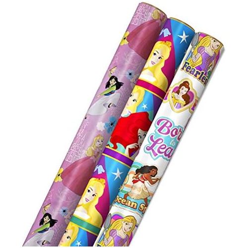  Hallmark Disney Princess Wrapping Paper with Cut Lines (Pack of 3, 60 sq. ft. ttl.) with Cinderella, Ariel, Mulan, Jasmine, Snow White and Belle for Birthdays, Christmas or Any Occ