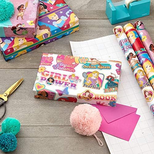  Hallmark Disney Princess Wrapping Paper with Cut Lines (Pack of 3, 60 sq. ft. ttl.) with Cinderella, Ariel, Mulan, Jasmine, Snow White and Belle for Birthdays, Christmas or Any Occ