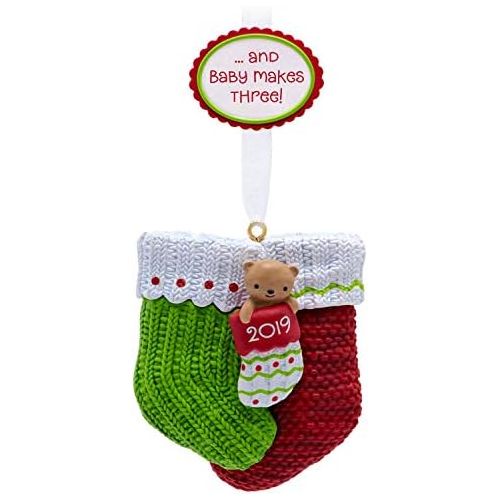  Hallmark Keepsake 2019 Year Dated Baby Makes Three First Christmas Stocking Ornament