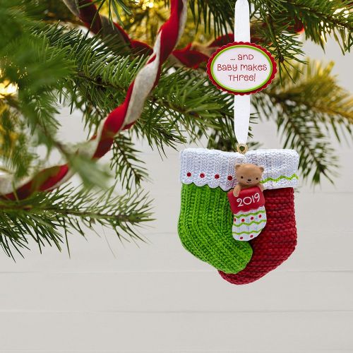  Hallmark Keepsake 2019 Year Dated Baby Makes Three First Christmas Stocking Ornament