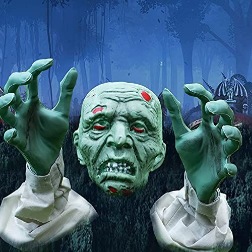  할로윈 용품Halloween Decorations, Halloween Realistic Scary Zombie Face & Arm Lawn Stakes with 10 Fake Spiders and Spider Webs, Breaker Ground Bones Skull Skeleton Prop Decor for Yard Graveya