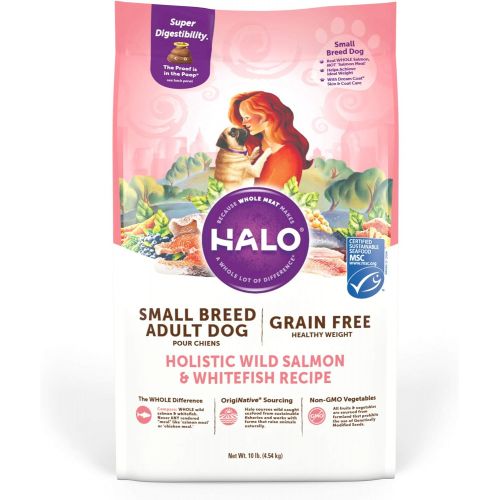  Halo Purely For Pets Halo Grain Free Natural Dry Dog Food, Small Breed Healthy Weight Wild Salmon & Whitefish Recipe, 4-Pound Bag