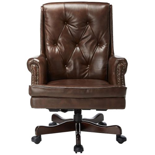  Halter HAL-070 Executive Grain Cow Leather Office Chair, Home & Office Computer Desk CEO Chair, Metal Base wWood Caps - Supports 500LBS