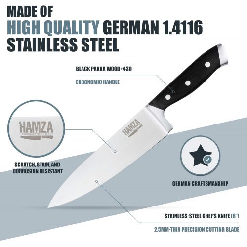  HamZa Distribution Hamza Professional Chef Knife (8 Inch) German Stainless-Steel Cutlery | Cooking, Food Prep, Sous Vide | Kitchen Cutlery w/ Razor Sharp Precision, Ergonomic Balance