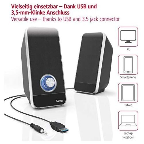  [아마존베스트]Hama Sonic PC Speaker USB 3.0 3.5 mm Jack 3 W Volume Control Active Boxes for Computer, PC, Laptop, Notebook, Smartphone and Tablet Black