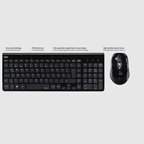  [아마존베스트]Hama Wireless Keyboard with Mouse Set (Silent Computer Keyboard with Flat Keys, Numeric Keypad, German QWERTZ Layout, Optical Wireless Mouse, 1200 dpi, 8 m Range) Black