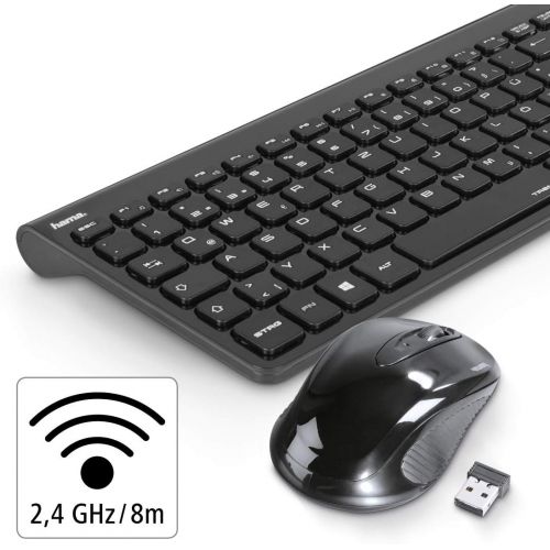  [아마존베스트]Hama Wireless Keyboard with Mouse Set (Silent Computer Keyboard with Flat Keys, Numeric Keypad, German QWERTZ Layout, Optical Wireless Mouse, 1200 dpi, 8 m Range) Black