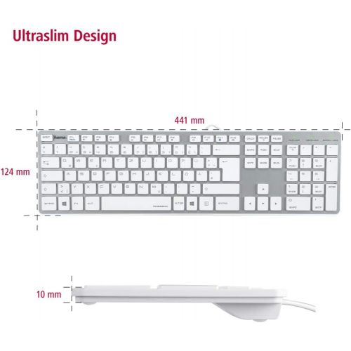  [아마존베스트]Hama PC Keyboard Ultra Slim Apple Design USB Wired German Layout QWERTZ White / Silver