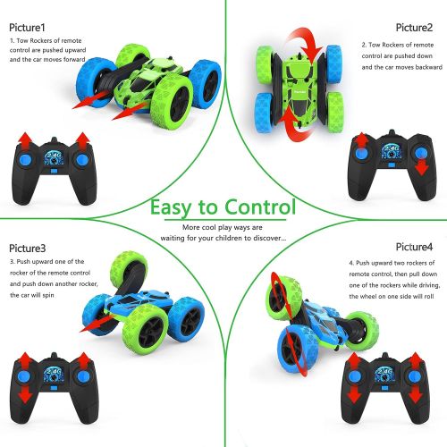  Hamdol Remote Control Car Double Sided 360°Rotating 4WD RC Cars with Headlights 2.4GHz Electric Race Stunt Toy Car Rechargeable Toy Cars for Boys Girls Birthday (Blue&Green)