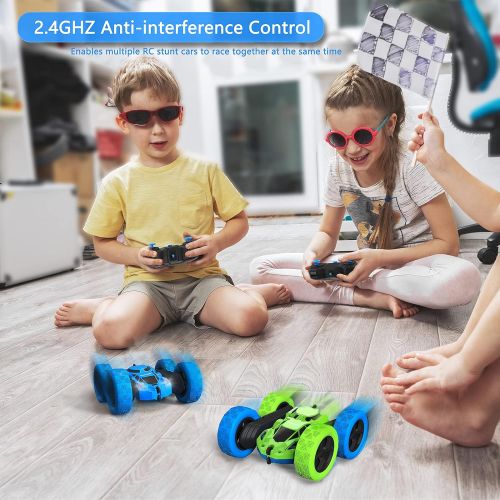  Hamdol Remote Control Car Double Sided 360°Rotating 4WD RC Cars with Headlights 2.4GHz Electric Race Stunt Toy Car Rechargeable Toy Cars for Boys Girls Birthday (Blue&Green)