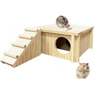 Hamster Wooden House with Ladder Small Animal Hideout Activity Platform Exercise Climbing Hut Natural Living Wooden Room for Hamster Gerbil Guinea Pig Mice