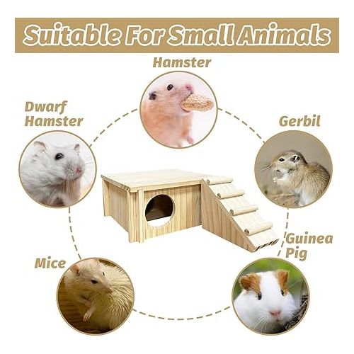  Hamster Wooden House with Ladder Small Animal Hideout Activity Platform Exercise Climbing Hut Natural Living Wooden Room for Hamster Gerbil Guinea Pig Mice