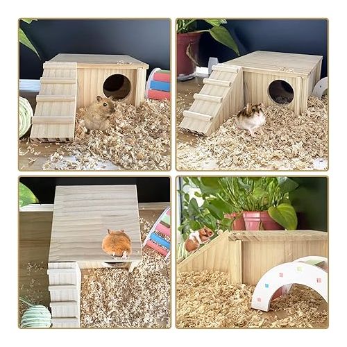  Hamster Wooden House with Ladder Small Animal Hideout Activity Platform Exercise Climbing Hut Natural Living Wooden Room for Hamster Gerbil Guinea Pig Mice