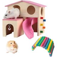 Pet Small Animal Hideout Hamster House with Slide Climbing Toys Deluxe Two Layers Wooden Hut Play Toys for Chinchilla Dwarf Hamster Syrian Hamster and Mouse