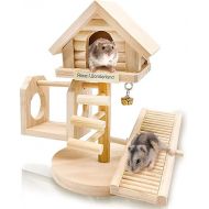 Hamiledyi Natural Dwarf Hamster House Double Decker Wooden Castle Small Animal Hideout Huts with Stair DIY Pet Living Playground Climbing Ladder Slide Training Play Toys for Syrian Mice Rats