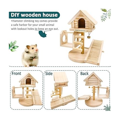  Hamiledyi Natural Dwarf Hamster House Double Decker Wooden Castle Small Animal Hideout Huts with Stair DIY Pet Living Playground Climbing Ladder Slide Training Play Toys for Syrian Mice Rats