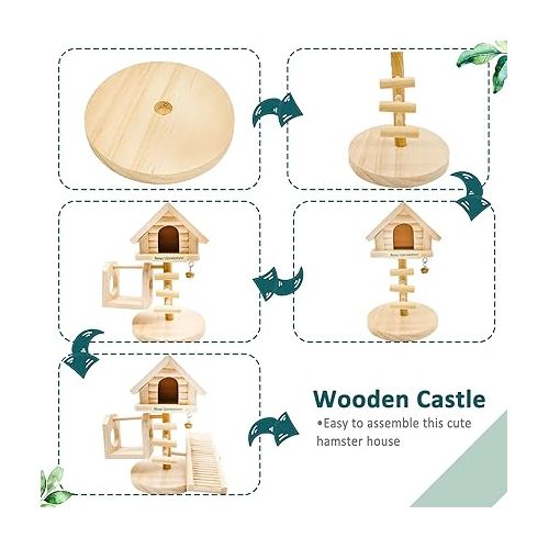  Hamiledyi Natural Dwarf Hamster House Double Decker Wooden Castle Small Animal Hideout Huts with Stair DIY Pet Living Playground Climbing Ladder Slide Training Play Toys for Syrian Mice Rats