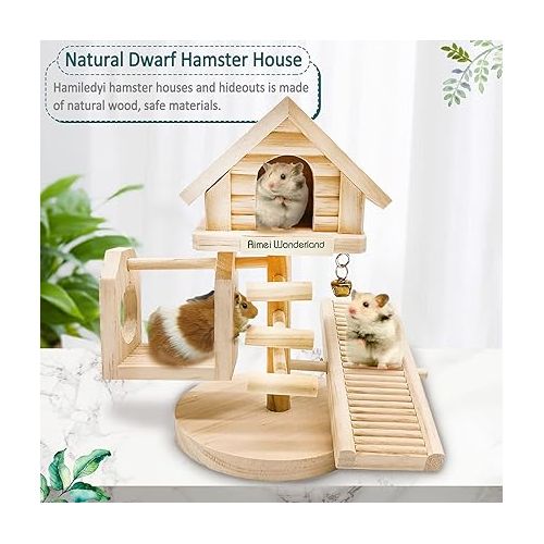  Hamiledyi Natural Dwarf Hamster House Double Decker Wooden Castle Small Animal Hideout Huts with Stair DIY Pet Living Playground Climbing Ladder Slide Training Play Toys for Syrian Mice Rats