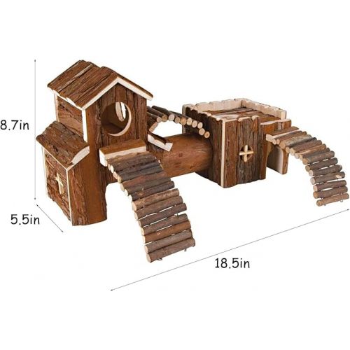  Natural Wooden Hamster Tunnel Playground Small Animal Multi-Room Hideouts Houses with Climbing Ladders & Bridge for Dwarf Hamster Mice and Other Small Animals,18.5 * 8.7 * 6 Inch