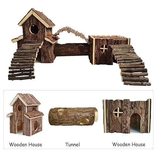 Natural Wooden Hamster Tunnel Playground Small Animal Multi-Room Hideouts Houses with Climbing Ladders & Bridge for Dwarf Hamster Mice and Other Small Animals,18.5 * 8.7 * 6 Inch