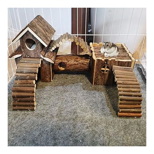  Natural Wooden Hamster Tunnel Playground Small Animal Multi-Room Hideouts Houses with Climbing Ladders & Bridge for Dwarf Hamster Mice and Other Small Animals,18.5 * 8.7 * 6 Inch