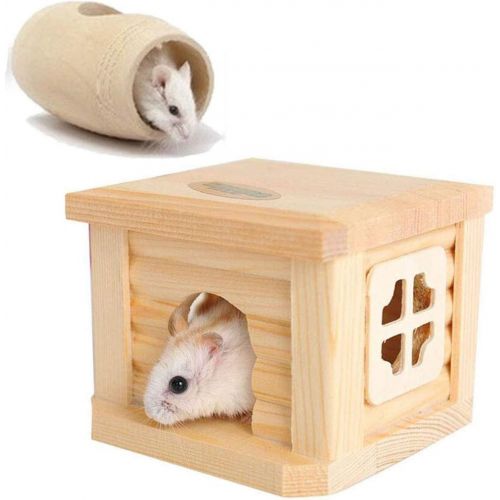  Hamiledyi Dwarf Hamster House Wooden Hut for Hamster Tunnel Toys Wooden Castle, Small Animal Playground Chew Toy (1 Hamster House and Tunnel)