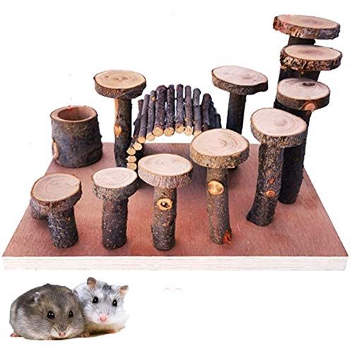  Hamiledyi Hamster Natural Living Climb System Rat Playground Activity Set Platform with Wood Bridge/Food Bowl/Tunnel/Ladders Play Toys Natural Hideout for Mouse,Gerbil, Small Anima