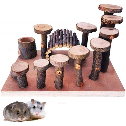  Hamiledyi Hamster Natural Living Climb System Rat Playground Activity Set Platform with Wood Bridge/Food Bowl/Tunnel/Ladders Play Toys Natural Hideout for Mouse,Gerbil, Small Anima