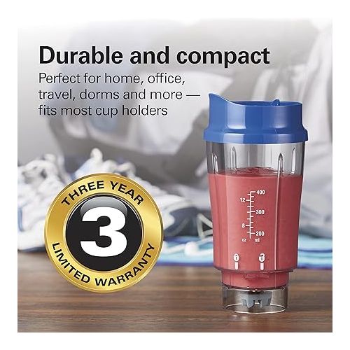  Hamilton Beach Portable Blender for Shakes and Smoothies with 14 Oz BPA Free Travel Cup and Lid, Durable Stainless Steel Blades for Powerful Blending Performance, Blue (51132)