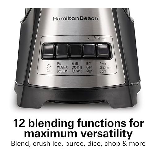  Hamilton Beach Power Elite Wave Action Blender For Shakes and Smoothies, Puree, Crush Ice, 40 Oz Glass Jar, 12 Functions, Stainless Steel Ice Sabre Blades, 700 Watts, Black (58148A)