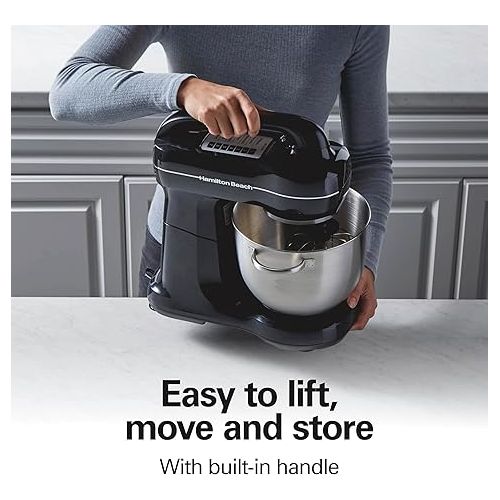 Hamilton Beach Electric Stand Mixer, 4 Quarts, Dough Hook, Flat Beater Attachments, Splash Guard 7 Speeds with Whisk, Black with Top Handle