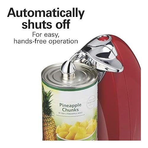  Hamilton Beach Electric Automatic Can Opener with Auto Shutoff, Knife Sharpener, Cord Storage, and SureCut Patented Technology, Extra-Tall, Red