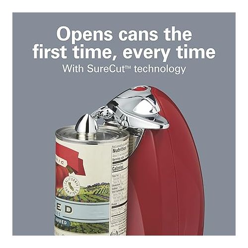  Hamilton Beach Electric Automatic Can Opener with Auto Shutoff, Knife Sharpener, Cord Storage, and SureCut Patented Technology, Extra-Tall, Red