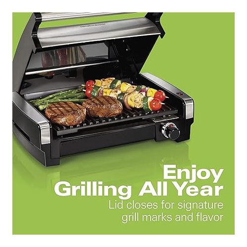  Hamilton Beach Electric Indoor Searing Grill with Adjustable Temperature Control to 450F, Removable Nonstick Grate, 118 sq. in. Surface Serves 6, Stainless Steel