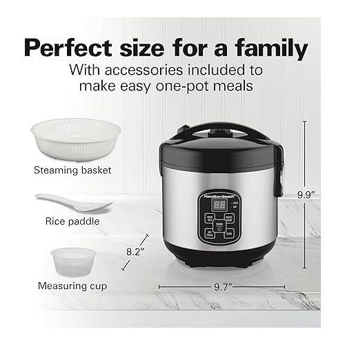  Hamilton Beach Digital Programmable Rice Cooker & Food Steamer, 8 Cups Cooked (4 Uncooked), With Steam & Rinse Basket, Stainless Steel (37518)