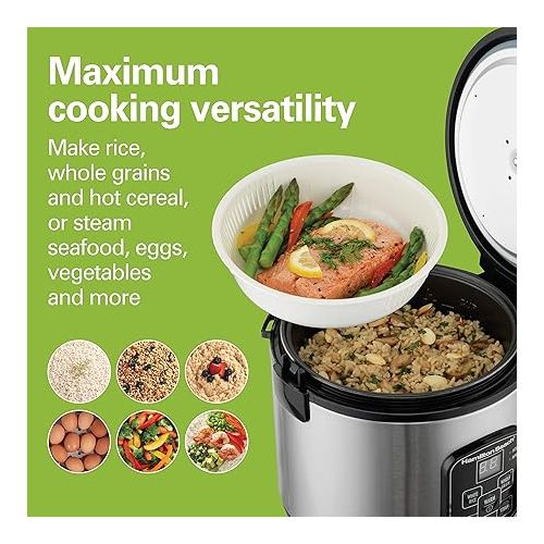  Hamilton Beach Digital Programmable Rice Cooker & Food Steamer, 8 Cups Cooked (4 Uncooked), With Steam & Rinse Basket, Stainless Steel (37518)