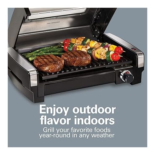  Hamilton Beach Electric Indoor Searing Grill with Viewing Window & Adjustable Temperature Control to 450F, 118 sq. in. Surface Serves 6, Removable Nonstick Grate, Stainless Steel