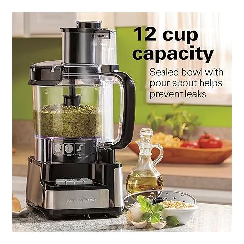  Hamilton Beach Stack & Snap Food Processor and Vegetable Chopper, BPA Free, Stainless Steel Blades, 12 Cup Bowl, 2-Speed 450 Watt Motor, Black (70725A)