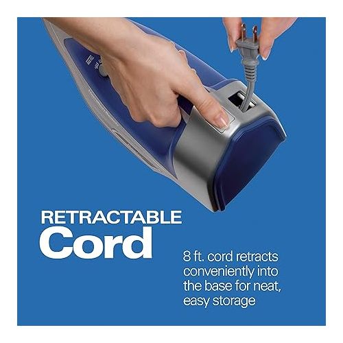  Hamilton Beach Steam Iron & Vertical Steamer for Clothes with Scratch-Resistant Durathon Soleplate, 3-Way Auto Shutoff, Anti-Drip, 8' Retractable Cord, 1500 Watts, Blue