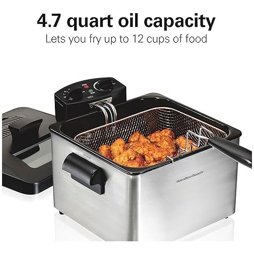  Hamilton Beach Triple Basket Electric Deep Fryer, 4.7 Quarts / 19 Cups Oil Capacity, Lid with View Window, Professional Style, 1800 Watts, Stainless Steel (35034)