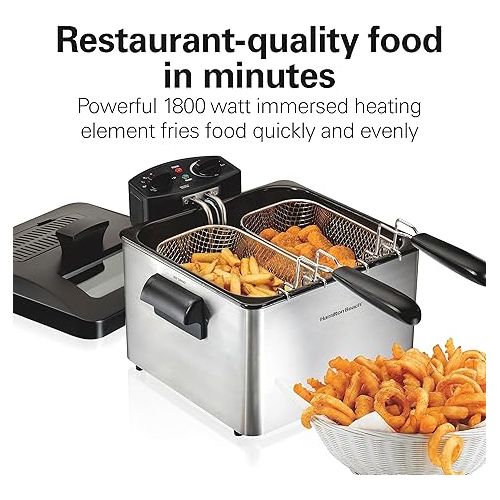  Hamilton Beach Triple Basket Electric Deep Fryer, 4.7 Quarts / 19 Cups Oil Capacity, Lid with View Window, Professional Style, 1800 Watts, Stainless Steel (35034)