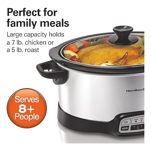  Hamilton Beach Programmable Slow Cooker with Flexible Easy Programming, 5 Cooking Times, Dishwasher-Safe Crock, Lid, 7 Quart, Silver